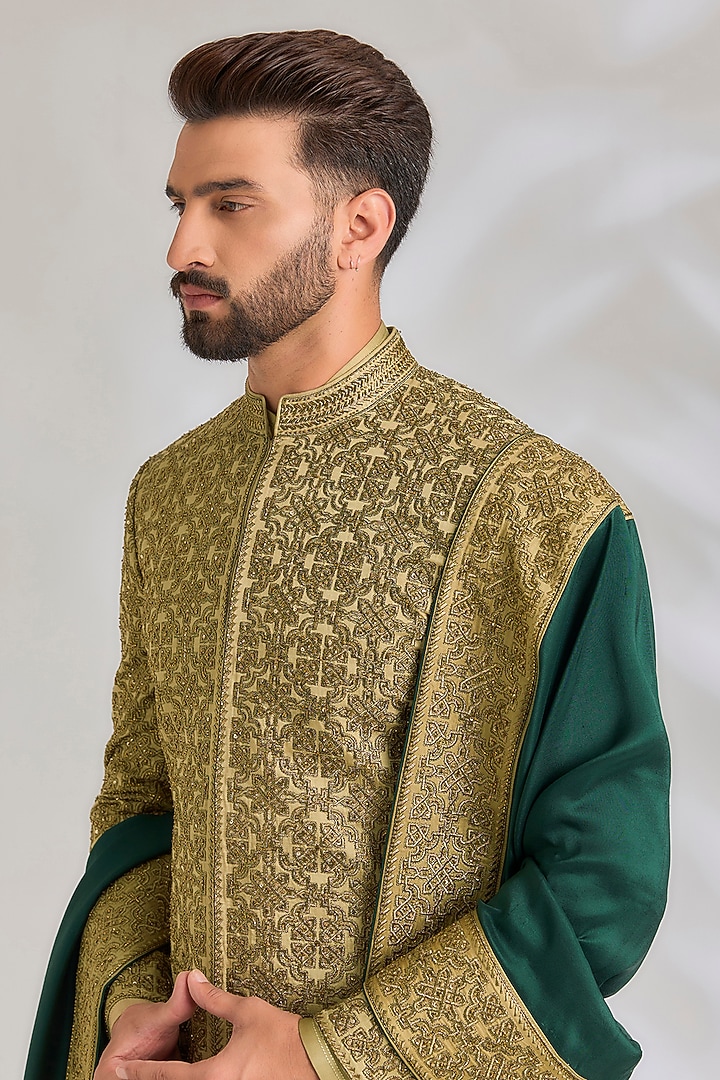 Gold & Green Silk Groom Sherwani Set by Seema Gujral Men at Pernia's Pop Up Shop