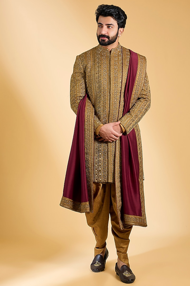 Antique Gold Raw Silk Embroidered Sherwani Set by Seema Gujral Men