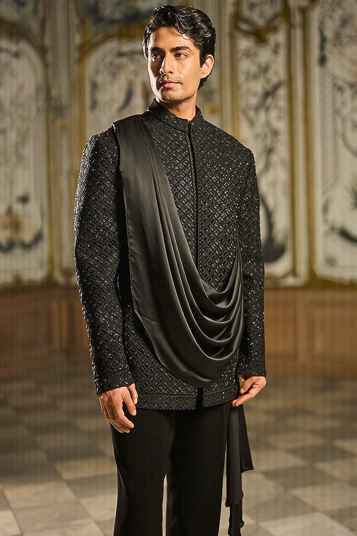 Black Suiting Beads Embroidered Groom Bandhgala Set by Seema Gujral Men at Pernia's Pop Up Shop