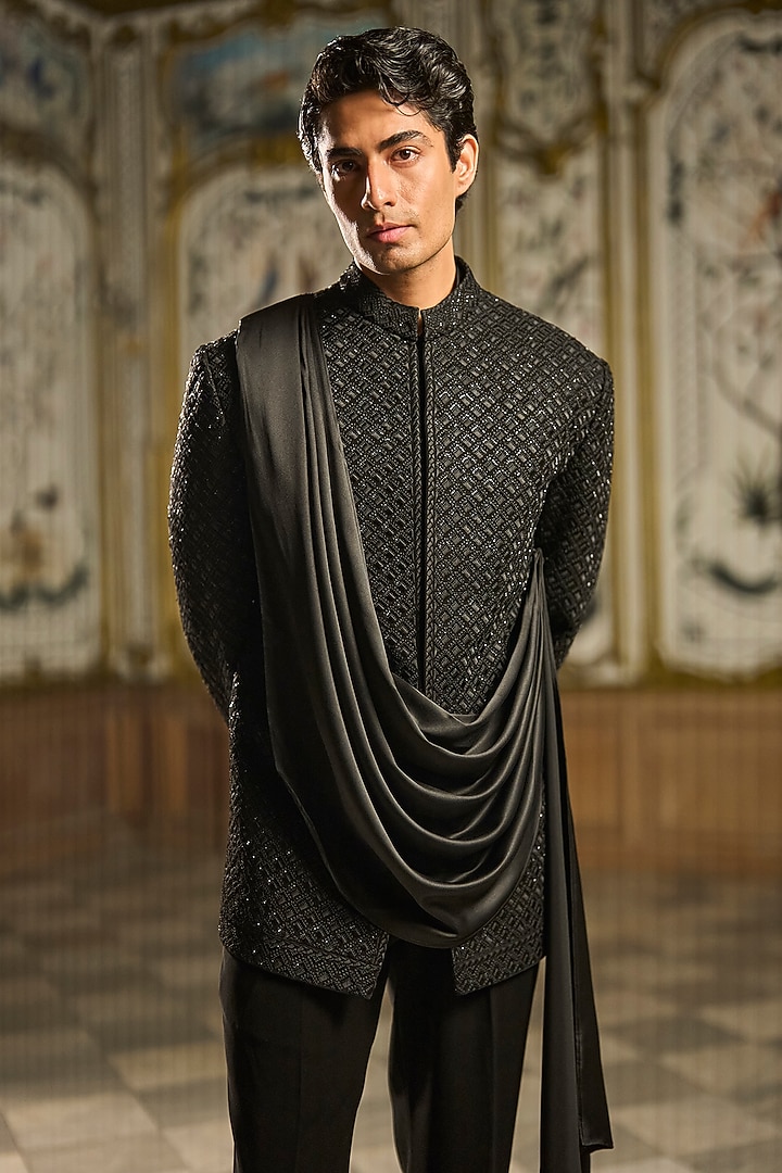Black Suiting Beads Embroidered Groom Bandhgala Set by Seema Gujral Men at Pernia's Pop Up Shop