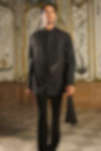 Black Suiting Beads Embroidered Draped Groom Bandhgala Set by Seema Gujral Men at Pernia's Pop Up Shop