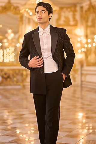 Black Suiting Bugle Beads Embroidered Tuxedo Set by Seema Gujral Men