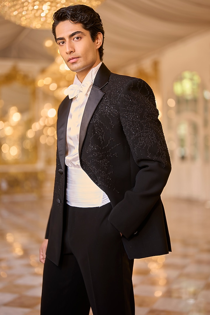 Black Suiting Bugle Beads Embroidered Tuxedo Set by Seema Gujral Men at Pernia's Pop Up Shop