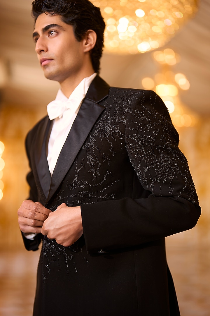Black Suiting Bugle Beads Embroidered Tuxedo Set by Seema Gujral Men at Pernia's Pop Up Shop