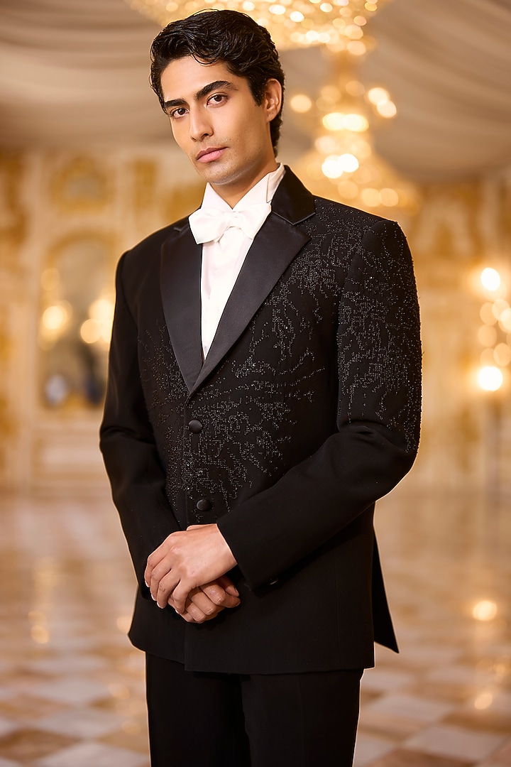 Black Suiting Bugle Beads Embroidered Tuxedo Set by Seema Gujral Men at Pernia's Pop Up Shop
