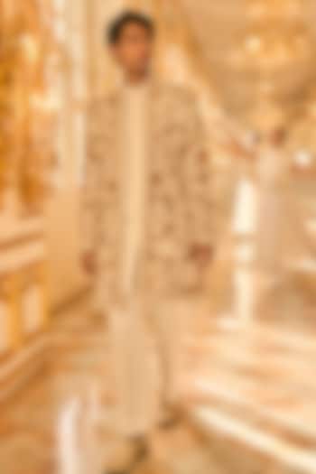 Nude Raw Silk Dori Embroidered Groom Sherwani Set by Seema Gujral Men at Pernia's Pop Up Shop