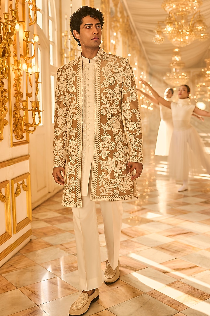 Nude Raw Silk Dori Embroidered Groom Sherwani Set by Seema Gujral Men at Pernia's Pop Up Shop