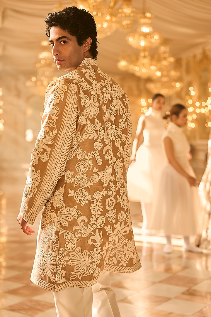 Nude Raw Silk Dori Embroidered Groom Sherwani Set by Seema Gujral Men at Pernia's Pop Up Shop