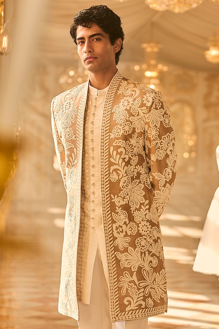 Nude Raw Silk Dori Embroidered Groom Sherwani Set by Seema Gujral Men at Pernia's Pop Up Shop