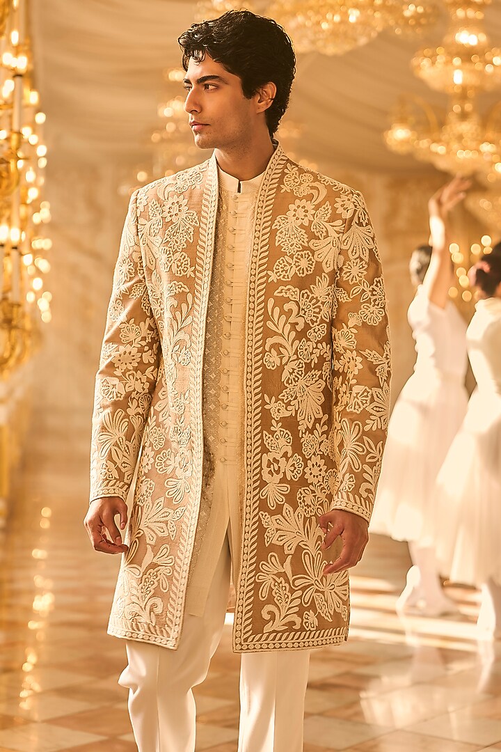Nude Raw Silk Dori Embroidered Groom Sherwani Set by Seema Gujral Men at Pernia's Pop Up Shop
