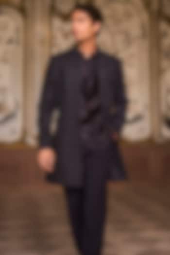 Navy Blue Suiting Bugle Beads Embroidered Groom Sherwani Set by Seema Gujral Men at Pernia's Pop Up Shop