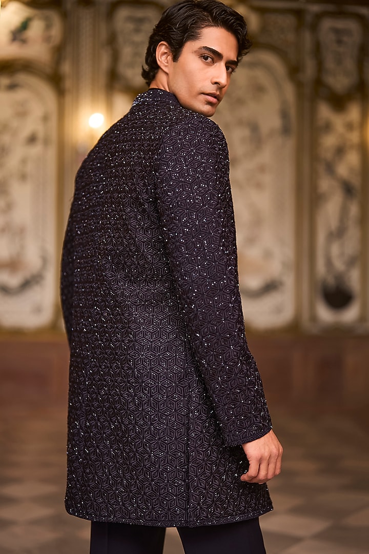 Navy Blue Suiting Bugle Beads Embroidered Groom Sherwani Set by Seema Gujral Men at Pernia's Pop Up Shop