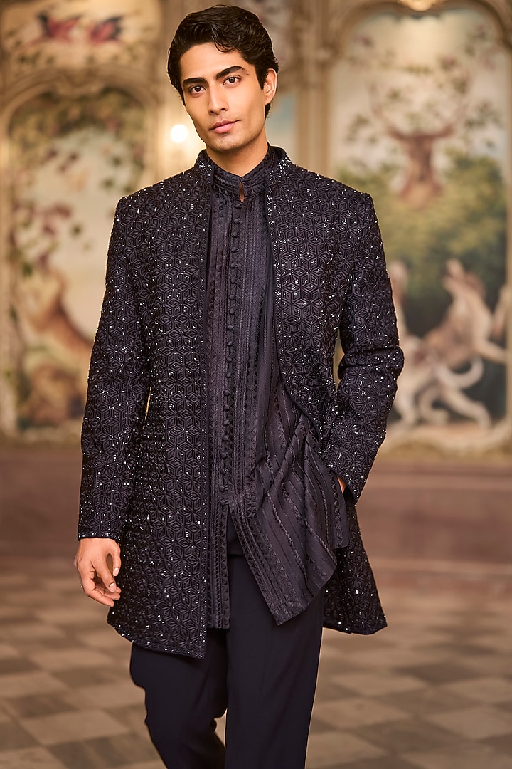 Navy Blue Suiting Bugle Beads Embroidered Groom Sherwani Set by Seema Gujral Men at Pernia's Pop Up Shop