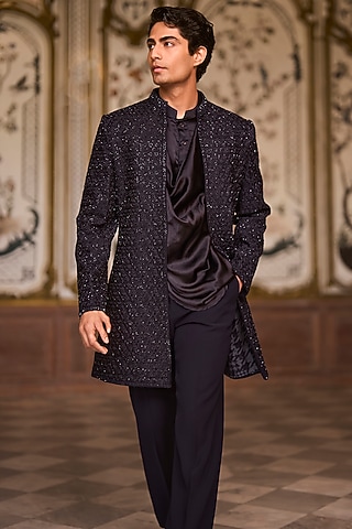 Navy Blue Suiting Bugle Beads Embroidered Sherwani Set by Seema Gujral Men