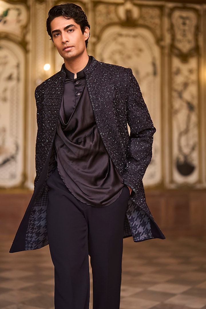 Navy Blue Suiting Bugle Beads Embroidered Groom Sherwani Set by Seema Gujral Men at Pernia's Pop Up Shop