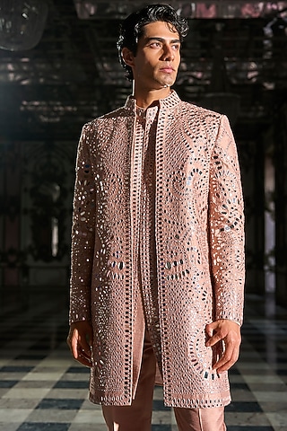 Rose Gold Suiting Mirror Embroidered Sherwani Set by Seema Gujral Men