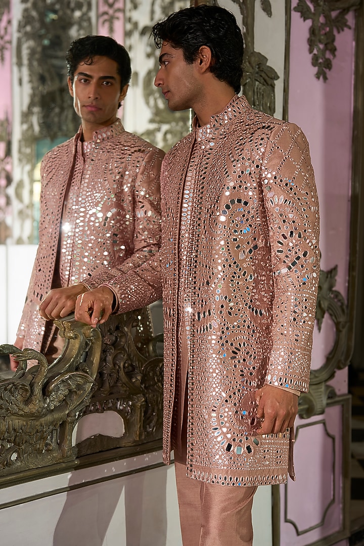 Rose Gold Suiting Mirror Embroidered Groom Sherwani Set by Seema Gujral Men at Pernia's Pop Up Shop