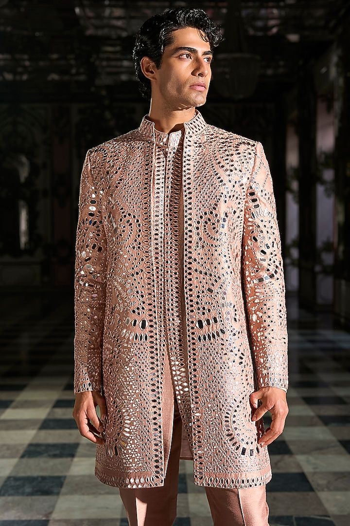 Rose Gold Suiting Mirror Embroidered Groom Sherwani Set by Seema Gujral Men at Pernia's Pop Up Shop
