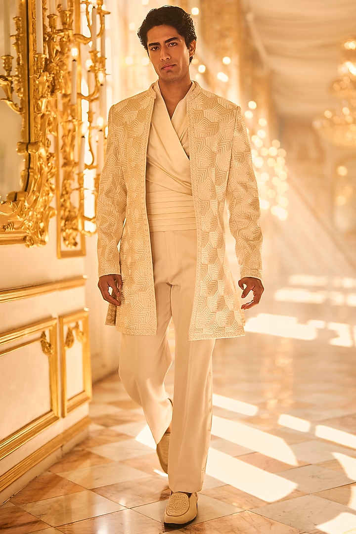 Ivory Suiting Bugle Beads Embroidered Groom Sherwani Set by Seema Gujral Men at Pernia's Pop Up Shop