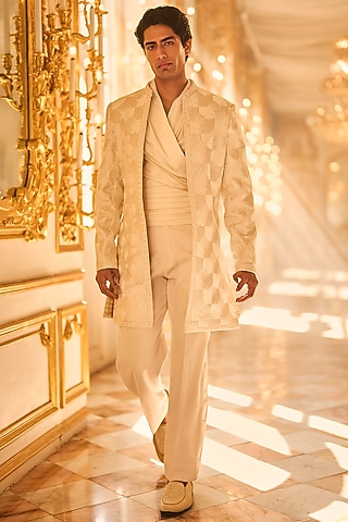 Ivory Suiting Bugle Beads Embroidered Sherwani Set by Seema Gujral Men