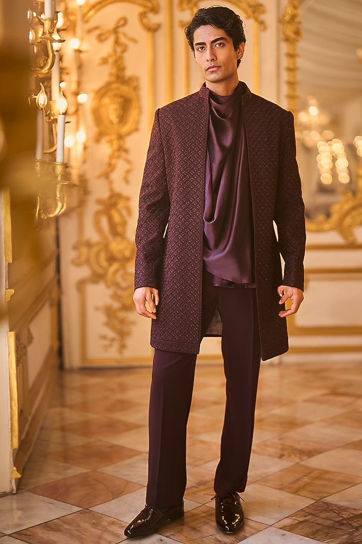 Wine Suiting Bugle Beads Embroidered Groom Sherwani Set by Seema Gujral Men at Pernia's Pop Up Shop