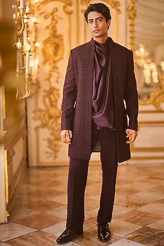 Wine Suiting Bugle Beads Embroidered Sherwani Set by Seema Gujral Men
