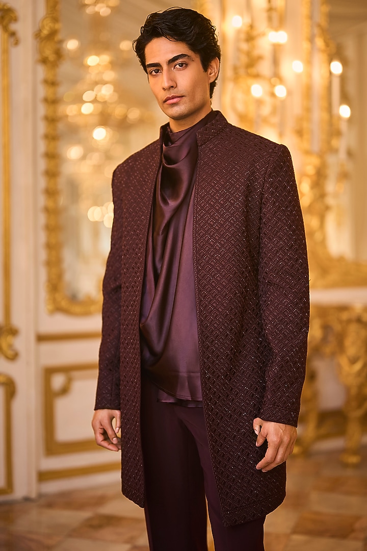 Wine Suiting Bugle Beads Embroidered Groom Sherwani Set by Seema Gujral Men at Pernia's Pop Up Shop
