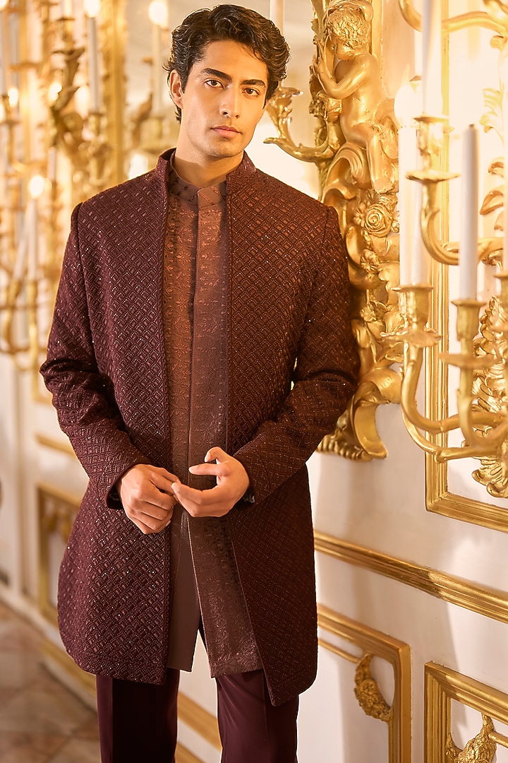 Wine Suiting Bugle Beads Embroidered Groom Sherwani Set by Seema Gujral Men at Pernia's Pop Up Shop