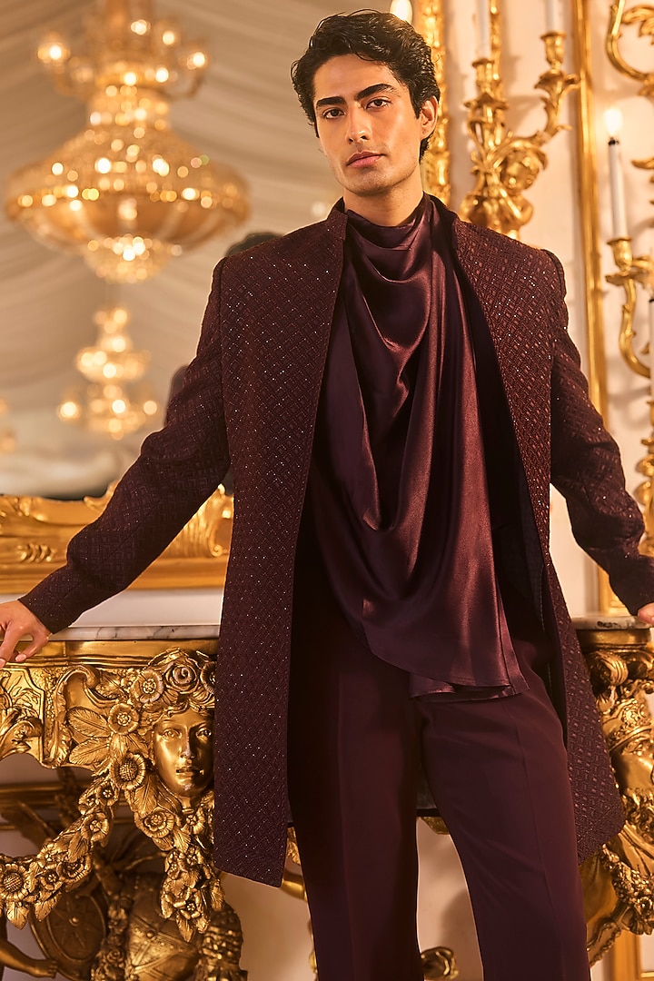 Wine Suiting Bugle Beads Embroidered Groom Sherwani Set by Seema Gujral Men at Pernia's Pop Up Shop