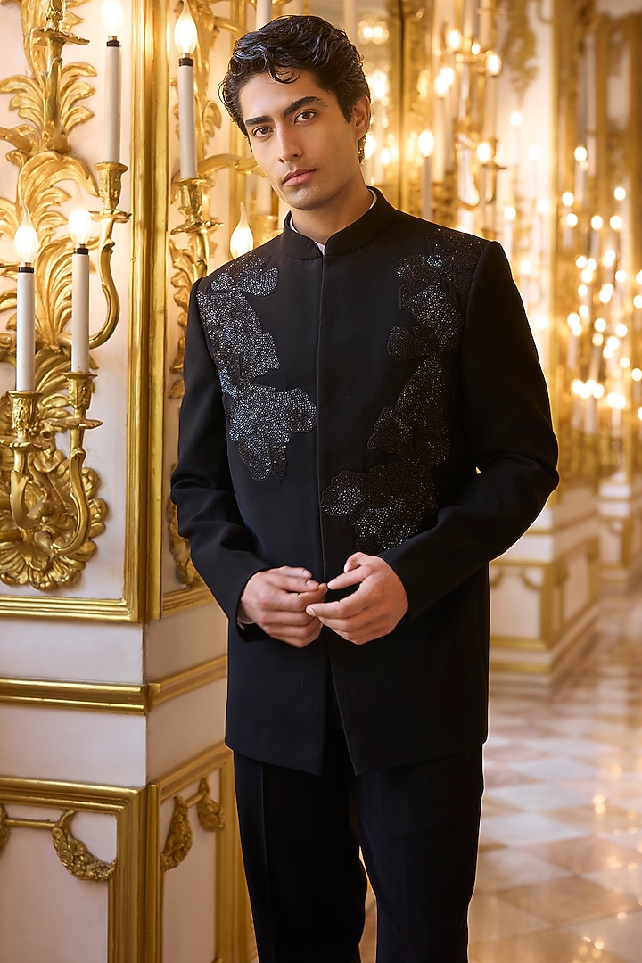 Black Suiting Bugle Beads Embroidered Groom Bandhgala Set by Seema Gujral Men at Pernia's Pop Up Shop
