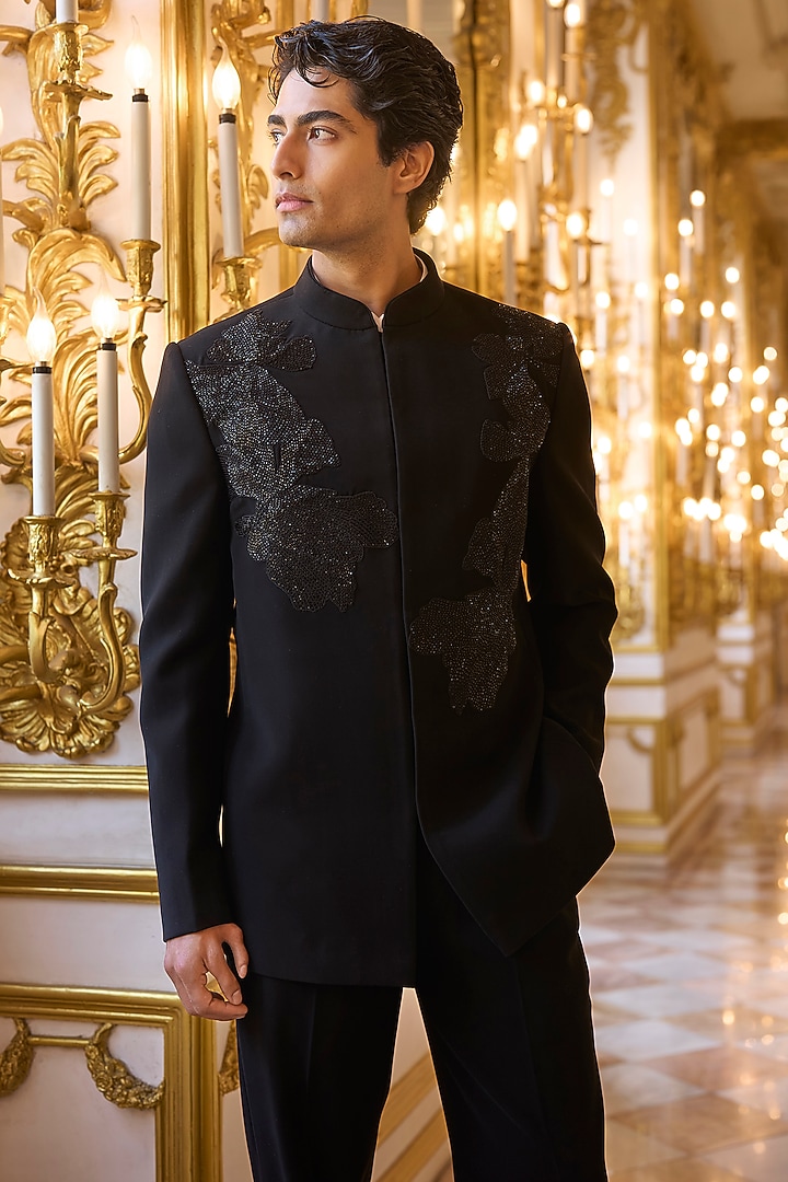 Black Suiting Bugle Beads Embroidered Groom Bandhgala Set by Seema Gujral Men at Pernia's Pop Up Shop
