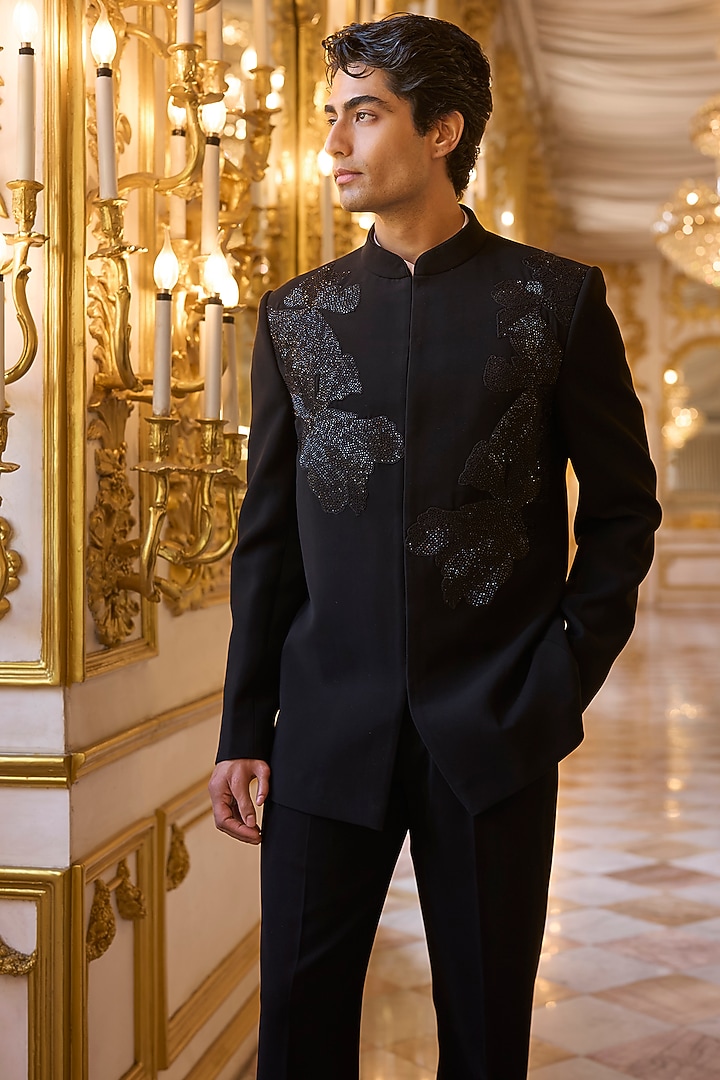 Black Suiting Bugle Beads Embroidered Groom Bandhgala Set by Seema Gujral Men at Pernia's Pop Up Shop