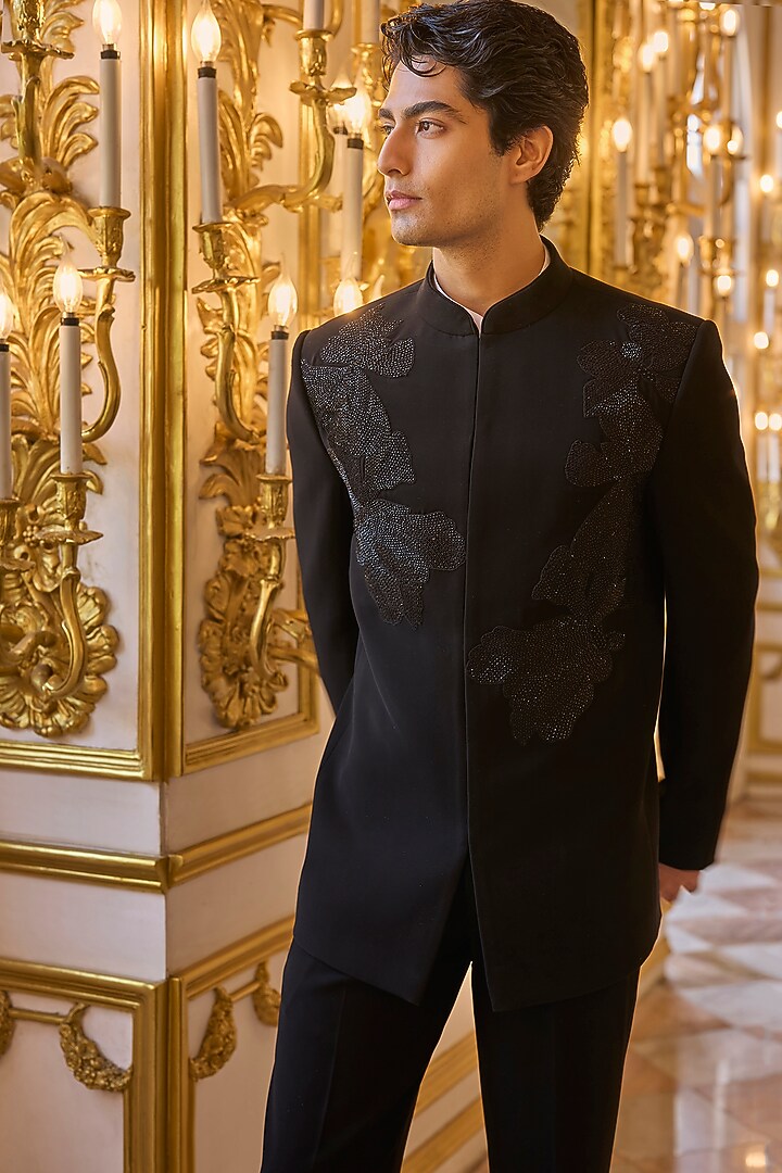 Black Suiting Bugle Beads Embroidered Groom Bandhgala Set by Seema Gujral Men at Pernia's Pop Up Shop