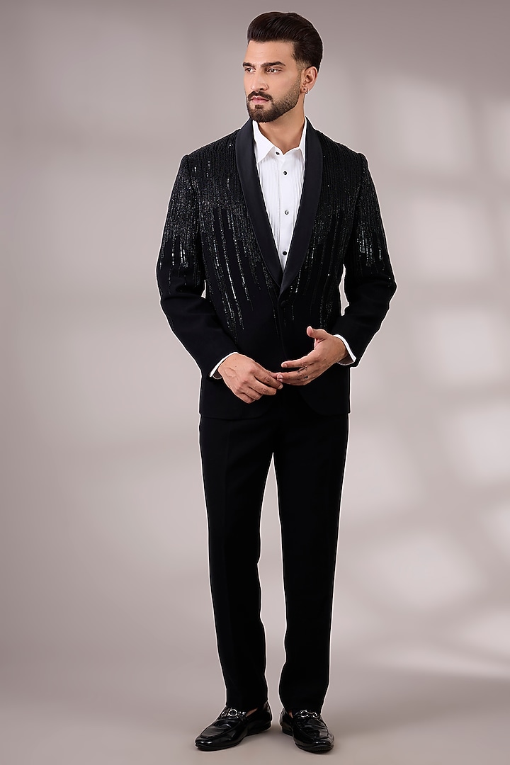 Black Suiting Tuxedo Set by Seema Gujral Men at Pernia's Pop Up Shop