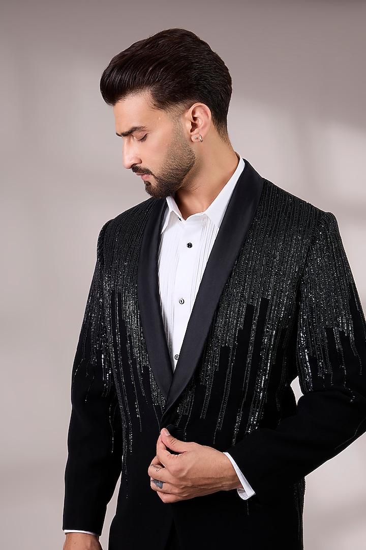 Black Suiting Tuxedo Set by Seema Gujral Men at Pernia's Pop Up Shop