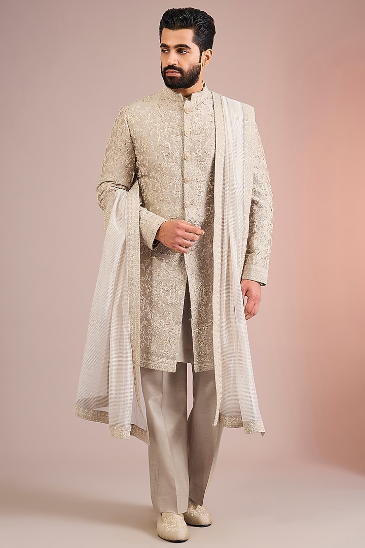 Nude Silk Groom Sherwani Set by Seema Gujral Men at Pernia's Pop Up Shop