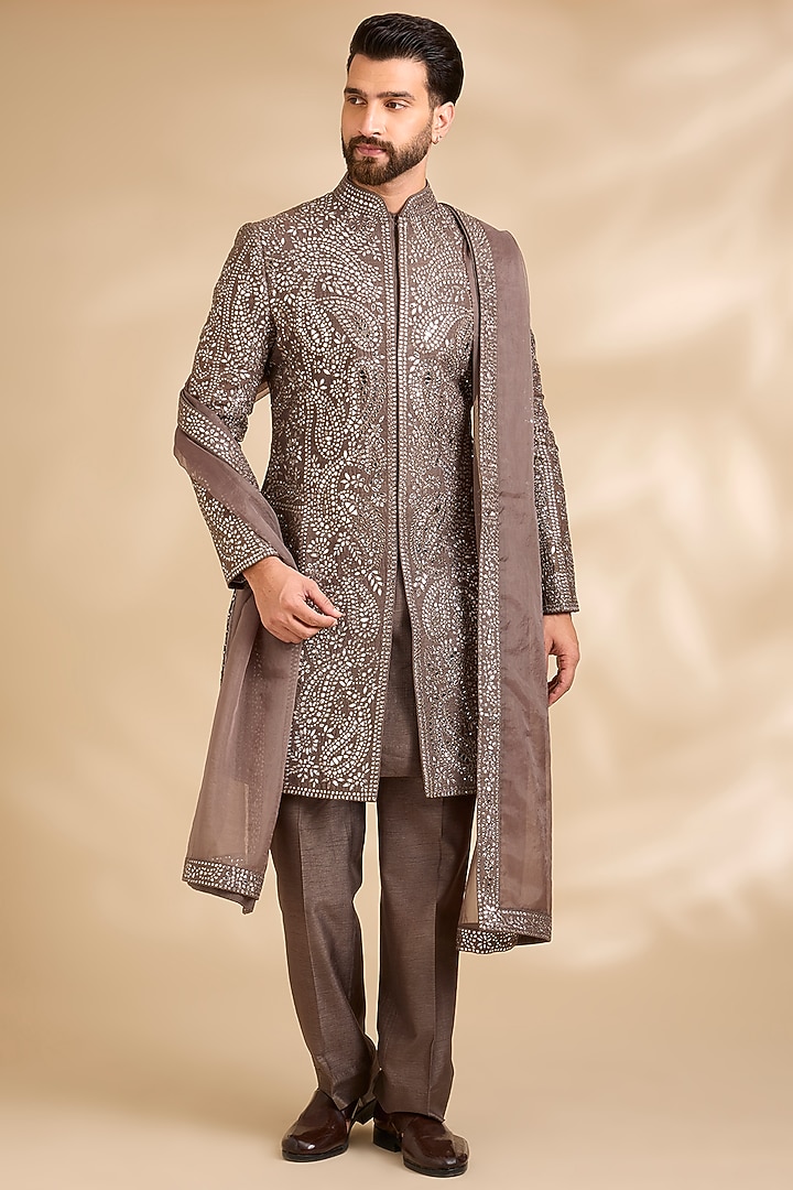 Coffee Brown Silk Groom Sherwani Set by Seema Gujral Men at Pernia's Pop Up Shop