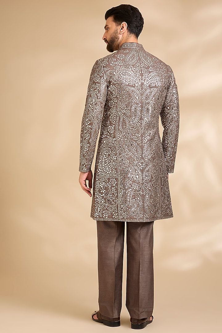 Coffee Brown Silk Groom Sherwani Set by Seema Gujral Men at Pernia's Pop Up Shop