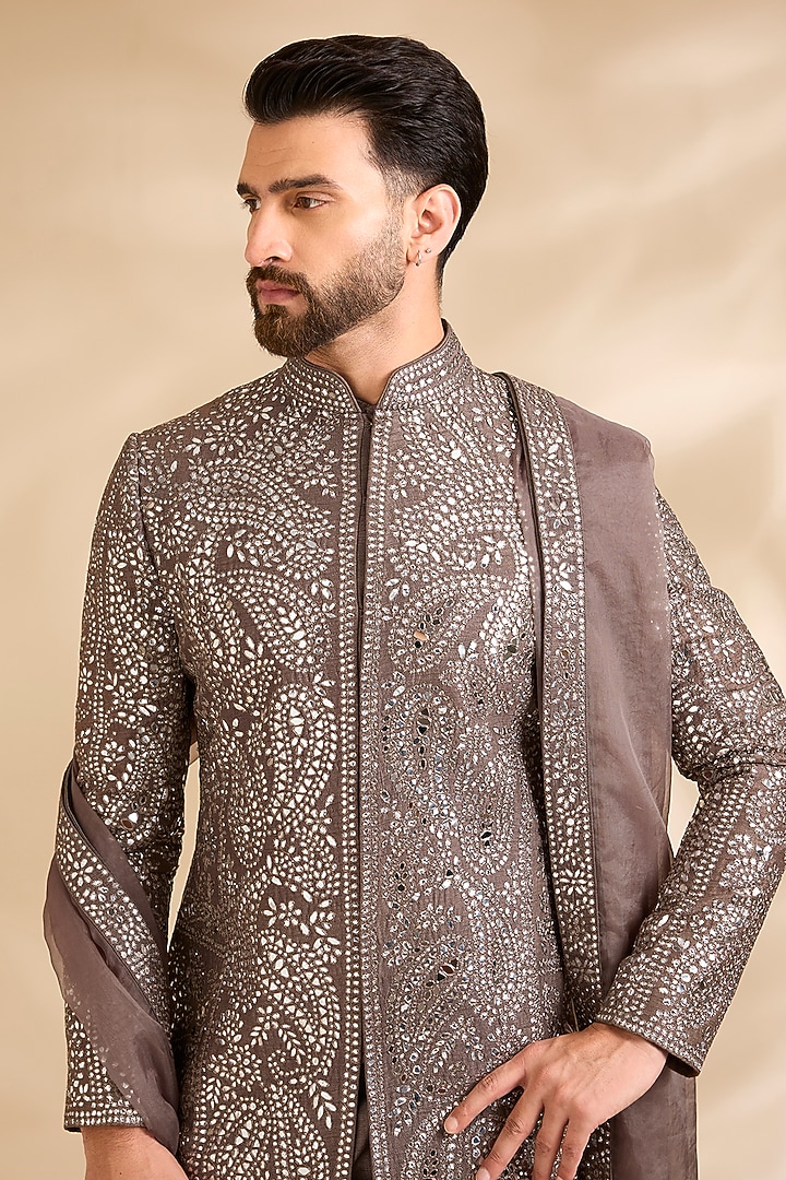 Coffee Brown Silk Groom Sherwani Set by Seema Gujral Men at Pernia's Pop Up Shop