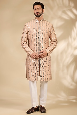Pink Raw Silk Sherwani Set by Seema Gujral Men