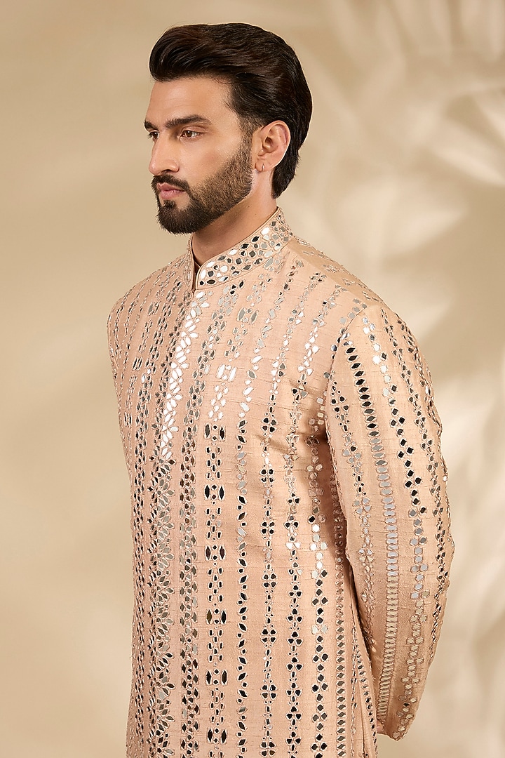 Pink Raw Silk Groom Sherwani Set by Seema Gujral Men at Pernia's Pop Up Shop