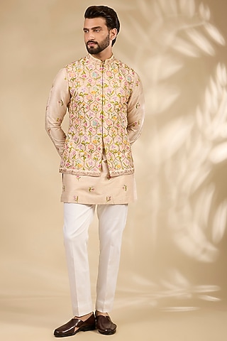 Nude Raw Silk Bundi Jacket Set by Seema Gujral Men