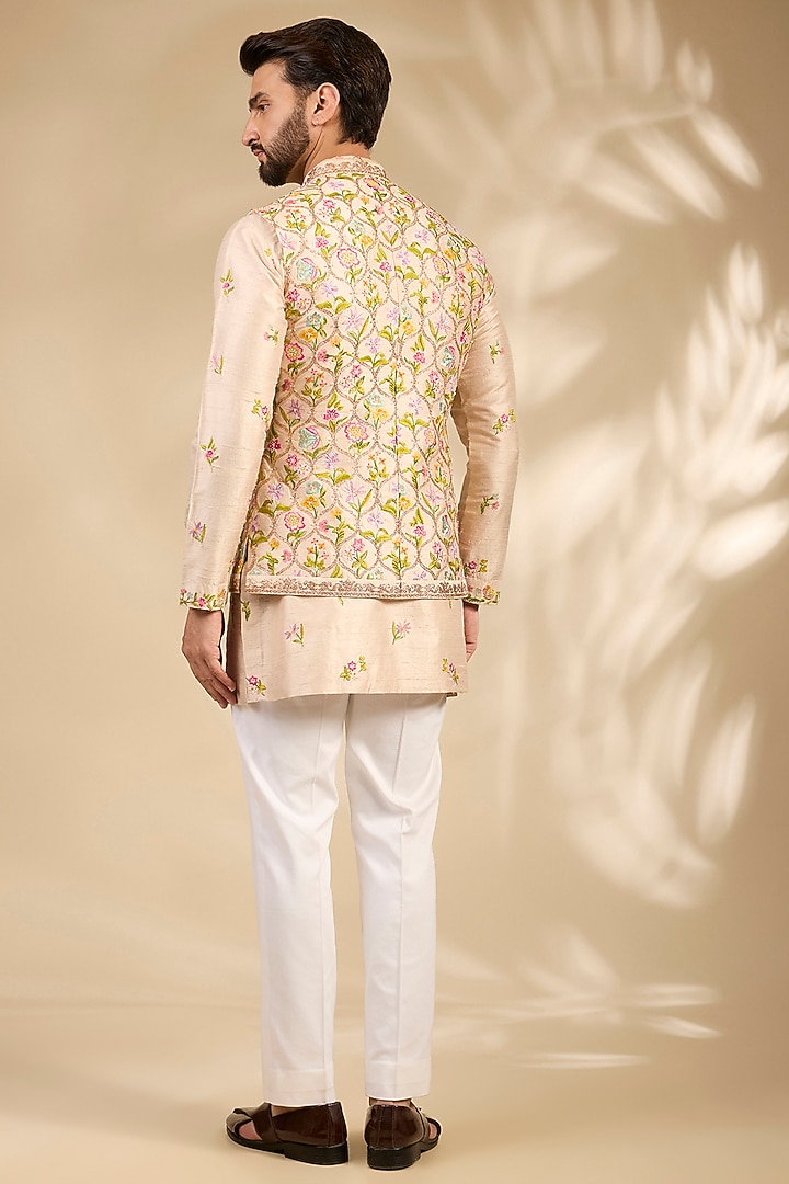 Nude Raw Silk Bundi Jacket Set by Seema Gujral Men at Pernia's Pop Up Shop