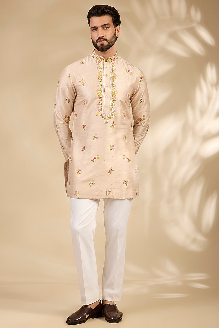 Nude Raw Silk Bundi Jacket Set by Seema Gujral Men at Pernia's Pop Up Shop