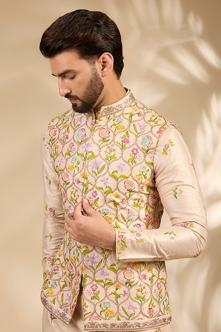 Nude Raw Silk Bundi Jacket Set by Seema Gujral Men at Pernia's Pop Up Shop