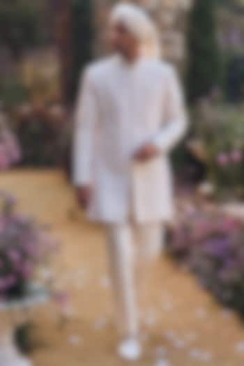 Ivory Raw Silk Dori Embroidered Groom Sherwani Set by Seema Gujral Men at Pernia's Pop Up Shop