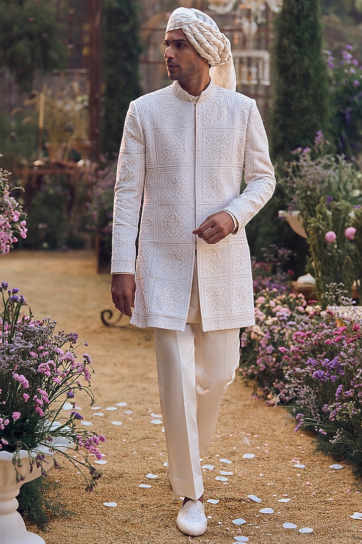 Ivory Raw Silk Dori Embroidered Groom Sherwani Set by Seema Gujral Men at Pernia's Pop Up Shop