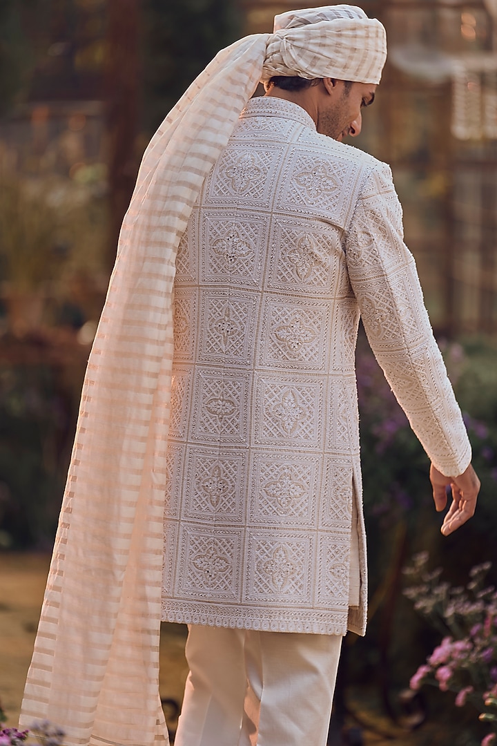 Ivory Raw Silk Dori Embroidered Groom Sherwani Set by Seema Gujral Men at Pernia's Pop Up Shop