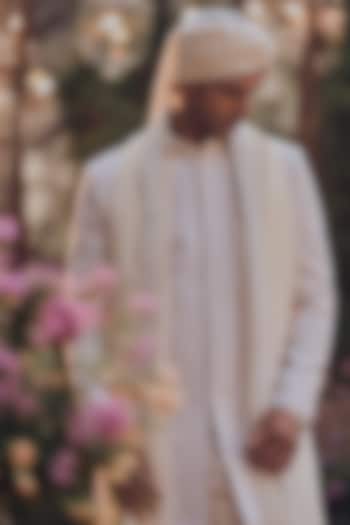 Ivory Raw Silk Dori Embroidered Groom Sherwani Set by Seema Gujral Men at Pernia's Pop Up Shop