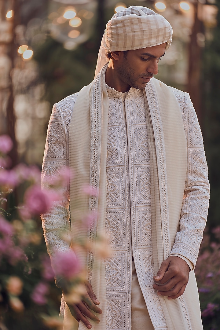 Ivory Raw Silk Dori Embroidered Groom Sherwani Set by Seema Gujral Men at Pernia's Pop Up Shop